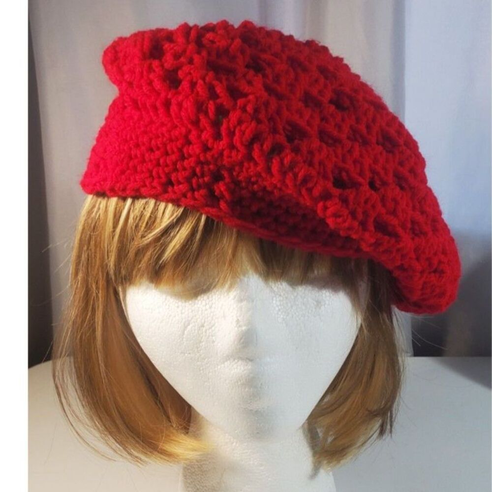 Hand Crocheted Bright Red Beret or Tam Size Large Adult